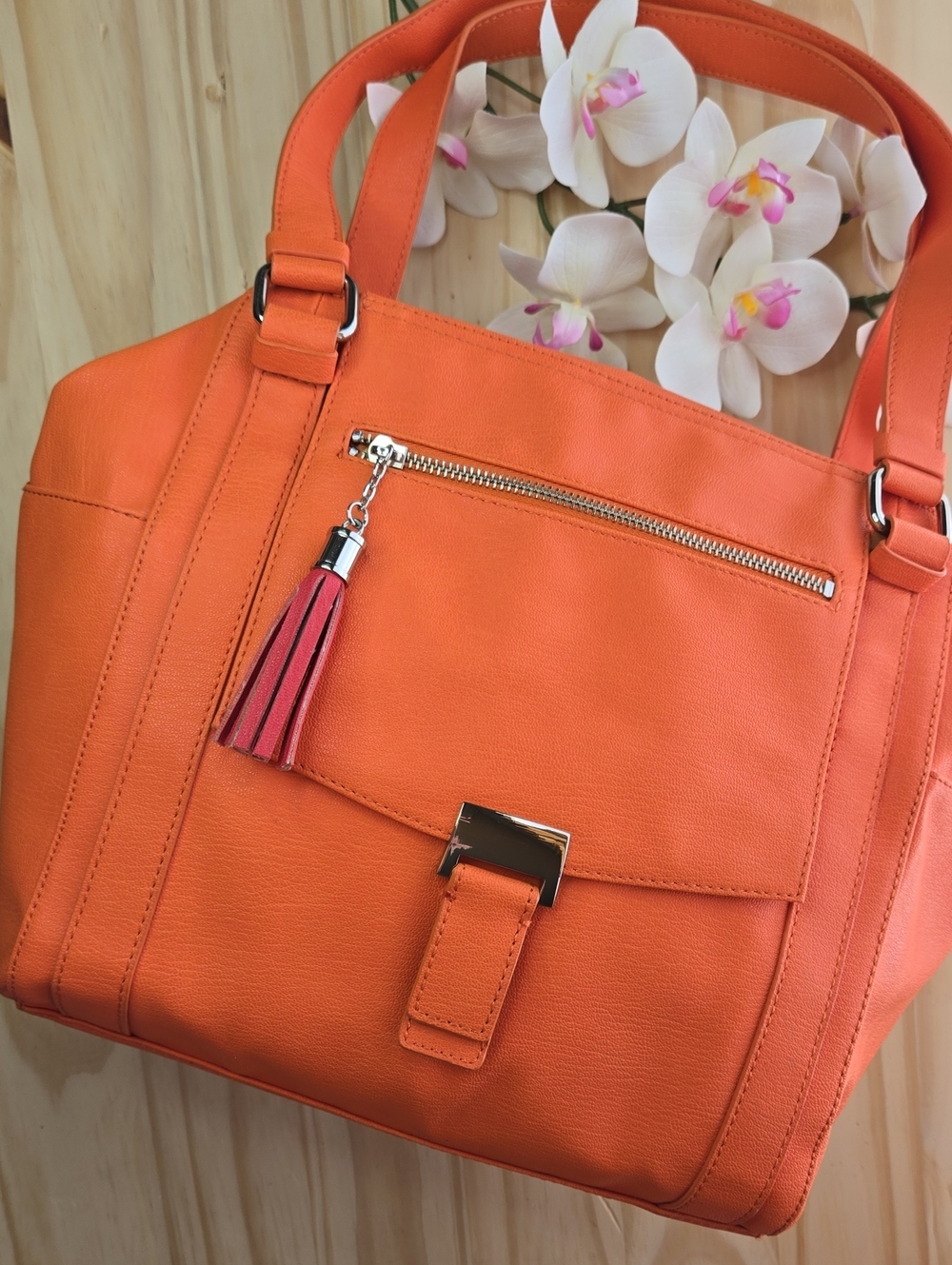 Kate Landry Vibrant Orange Shoulder Tote with Tassel Charm